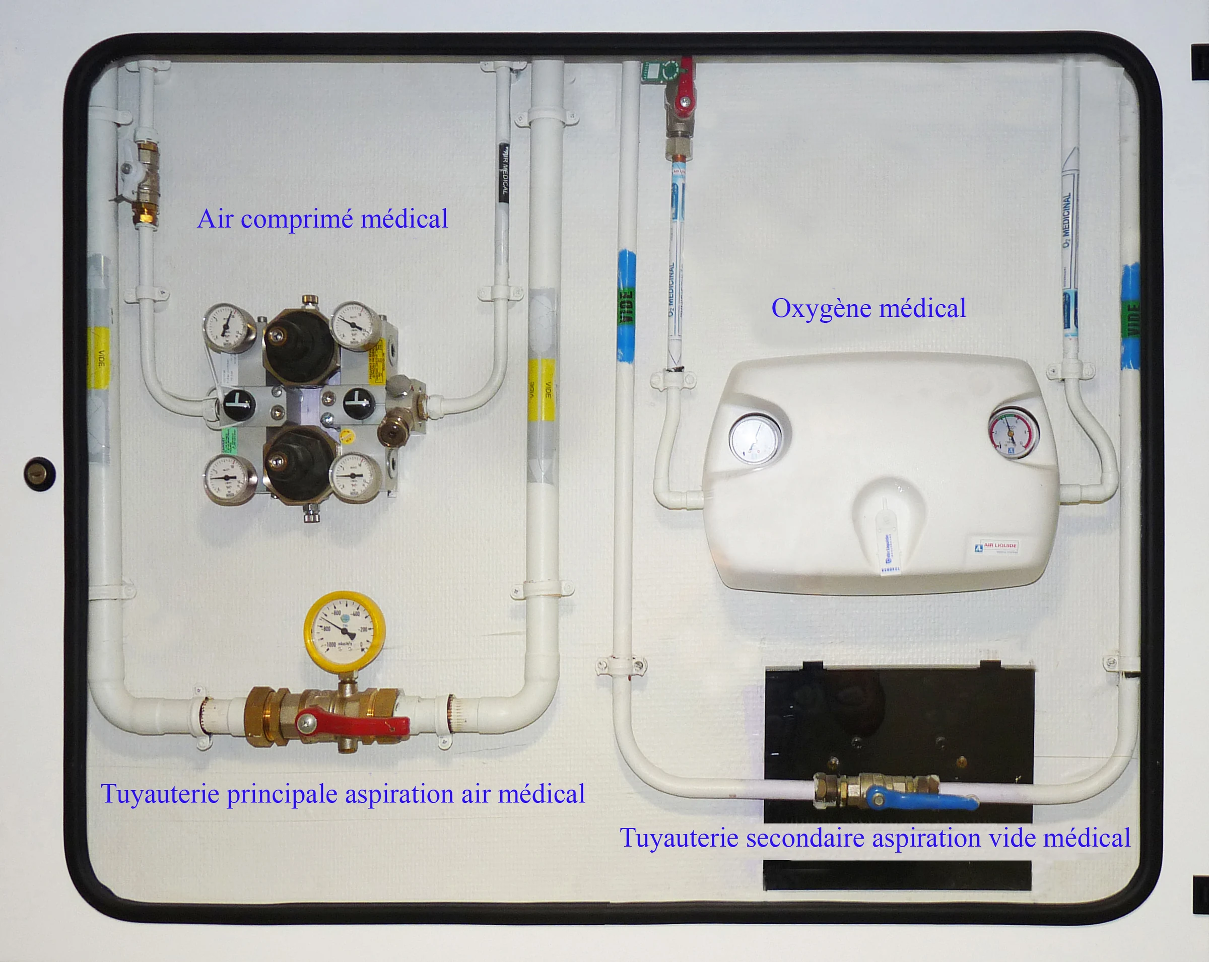 Quadro real de distribuição de gases medicinais, com válvulas, reguladores e tubulações; fotografia de referência